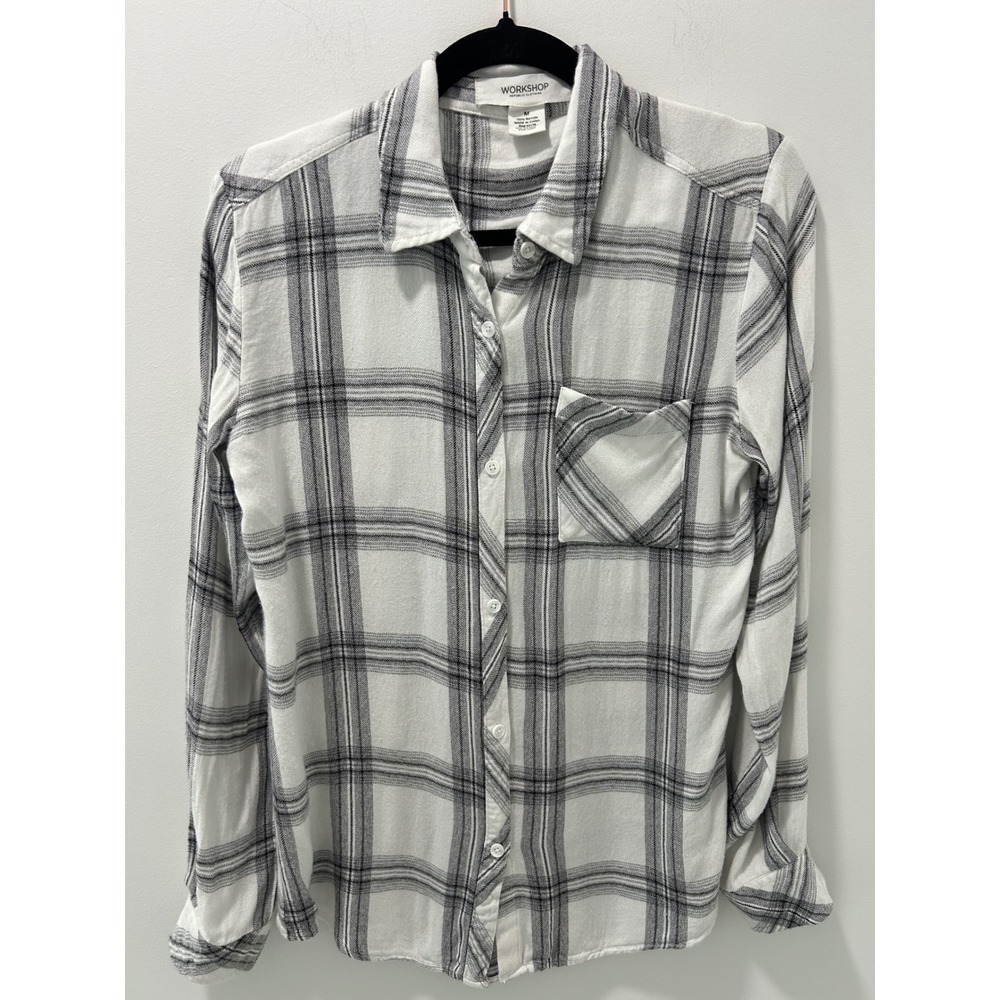Workshop Republic Clothing Womens Plaid Button Down Shirt Grey White Rayon Med